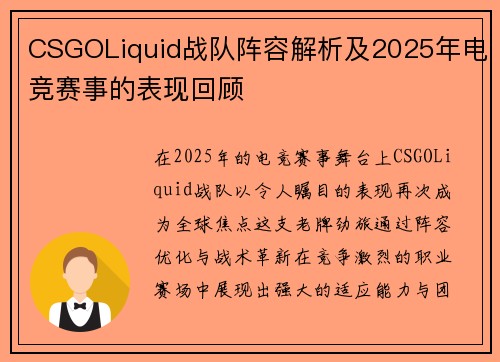 CSGOLiquid战队阵容解析及2025年电竞赛事的表现回顾